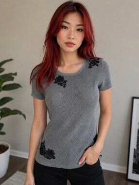 Gray Silk Knit Top with Black Floral Lace Applique Size Med By BCBG